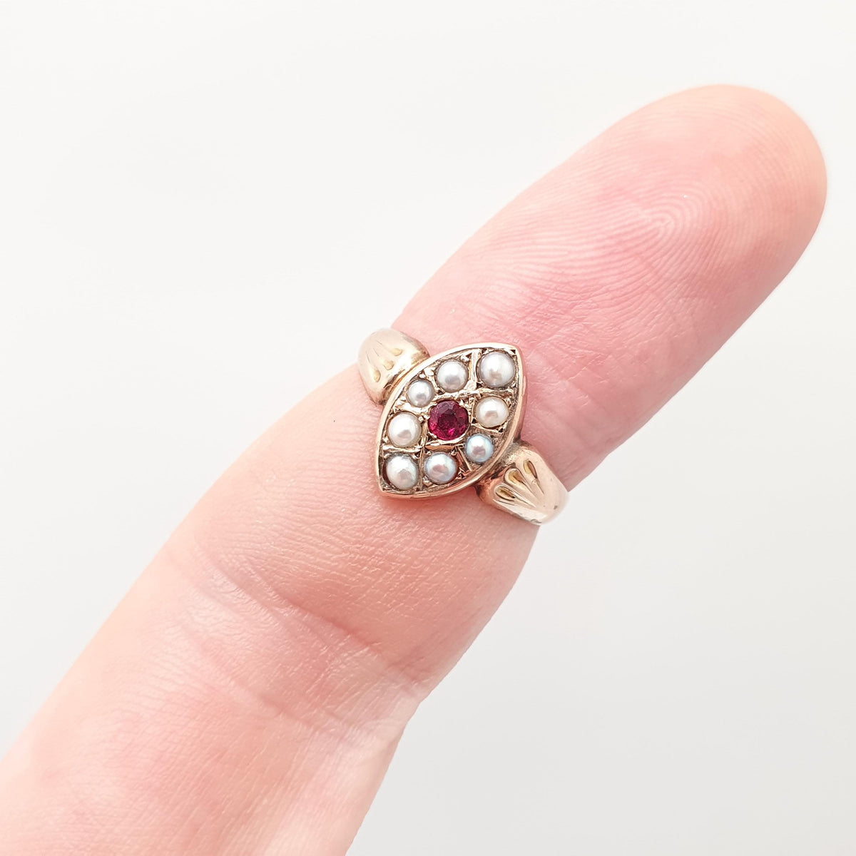 Antique Victorian 9ct Gold Ruby Ring Seed Pearl Navette Boat Genuine Real 1800s Solid 375 9k Vintage Jewelry Jewellery