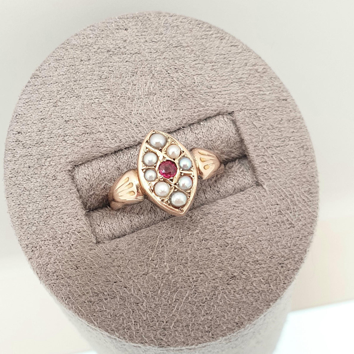 Antique Victorian 9ct Gold Ruby Ring Seed Pearl Navette Boat Genuine Real 1800s Solid 375 9k Vintage Jewelry Jewellery