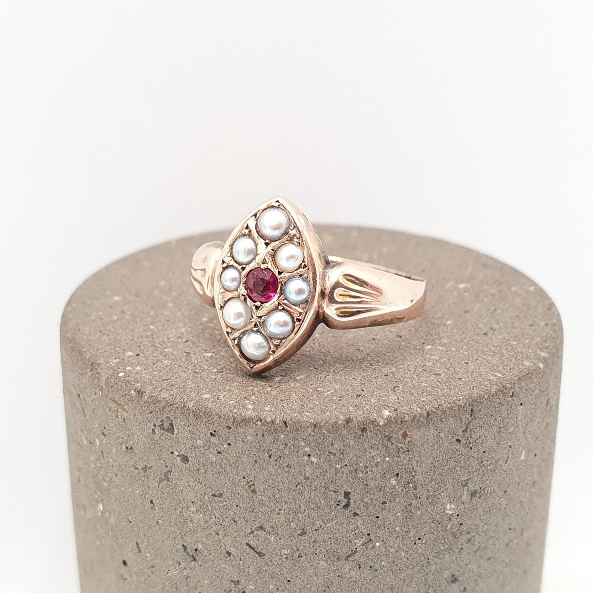 Antique Victorian 9ct Gold Ruby Ring Seed Pearl Navette Boat Genuine Real 1800s Solid 375 9k Vintage Jewelry Jewellery
