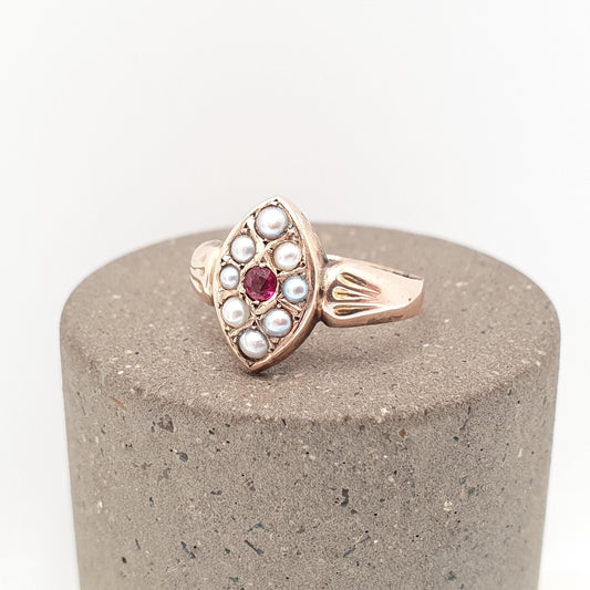 Antique Victorian 9ct Gold Ruby Ring Seed Pearl Navette Boat Genuine Real 1800s Solid 375 9k Vintage Jewelry Jewellery