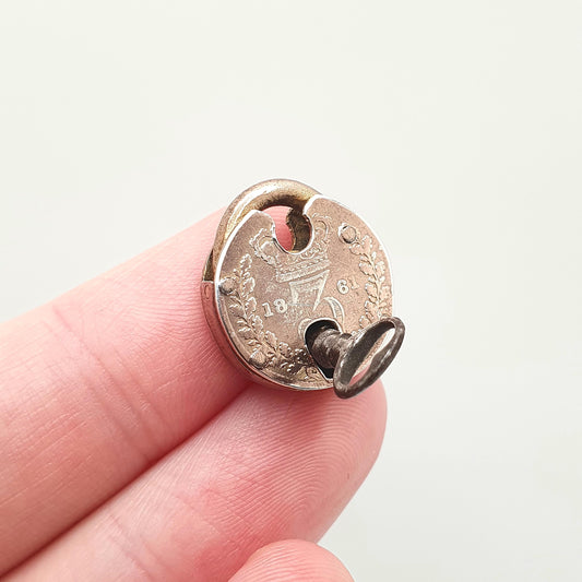 Antique Victorian Sterling Silver Coin Padlock Clasp WORKING WITH KEY Charm Pendant Necklace Victorian Threepence Jewellery Jewelry
