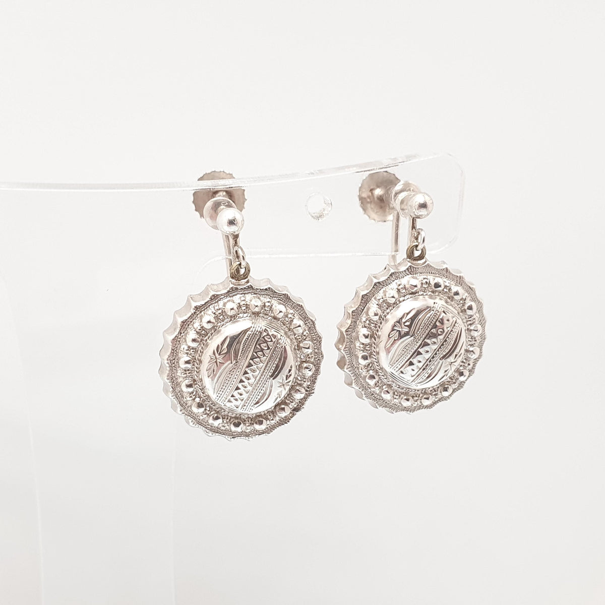 Antique Victorian Solid Silver Earrings Etruscan Dome Beaded Screw Back Drop Hanging Dangle 1800s Womens Vintage Jewelry Jewellery