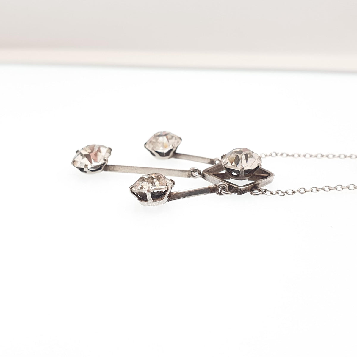 Antique Solid Silver Diamond Paste Necklace Hanging Drop Tassel Lariat Style Edwardian Square Sparkly Vintage Jewellery Womens Jewelry