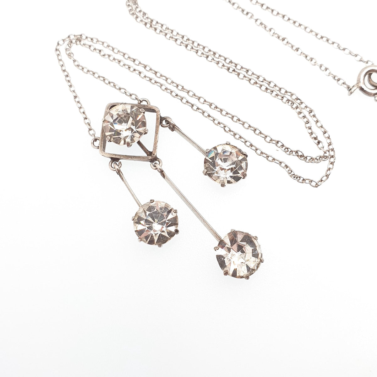 Antique Solid Silver Diamond Paste Necklace Hanging Drop Tassel Lariat Style Edwardian Square Sparkly Vintage Jewellery Womens Jewelry