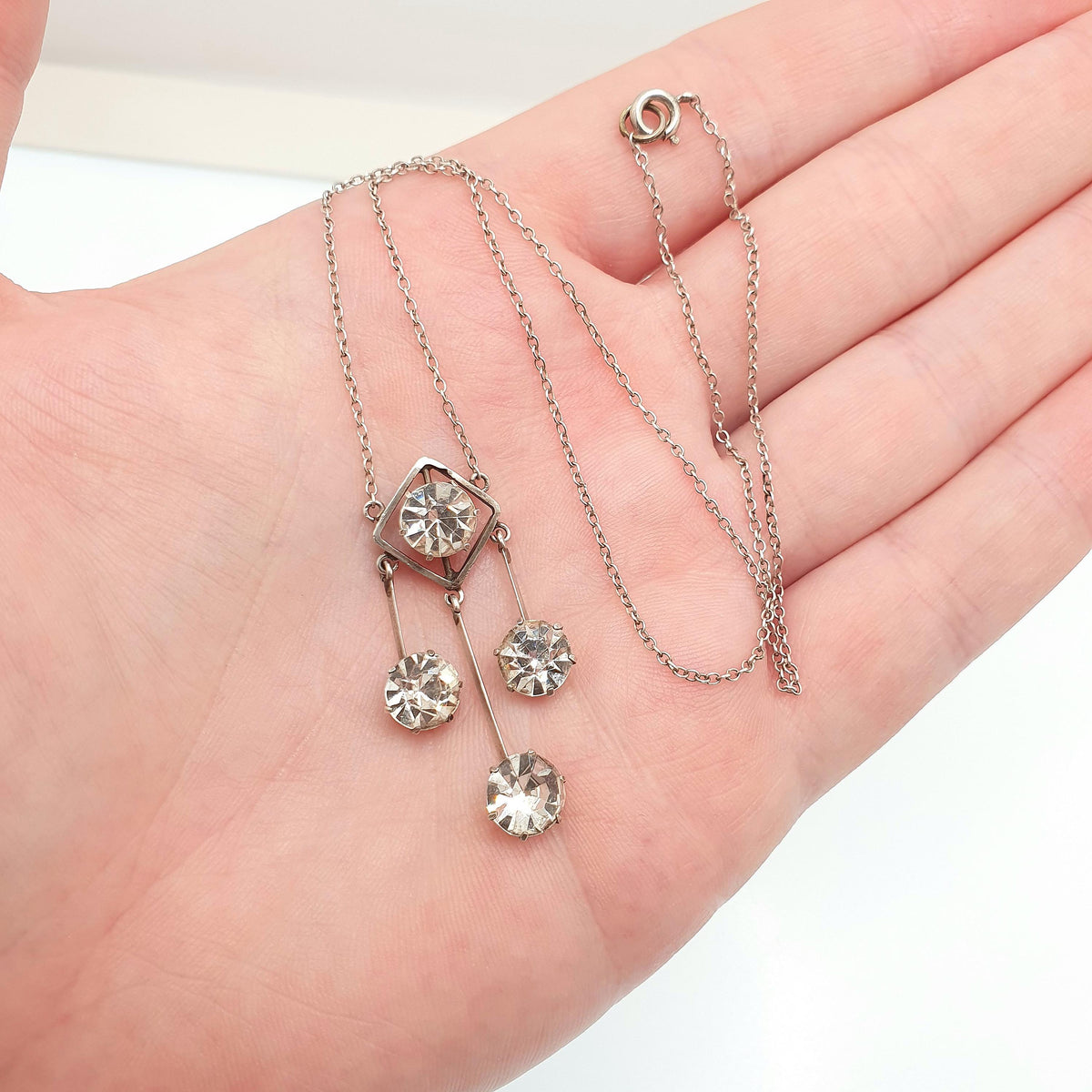Antique Solid Silver Diamond Paste Necklace Hanging Drop Tassel Lariat Style Edwardian Square Sparkly Vintage Jewellery Womens Jewelry