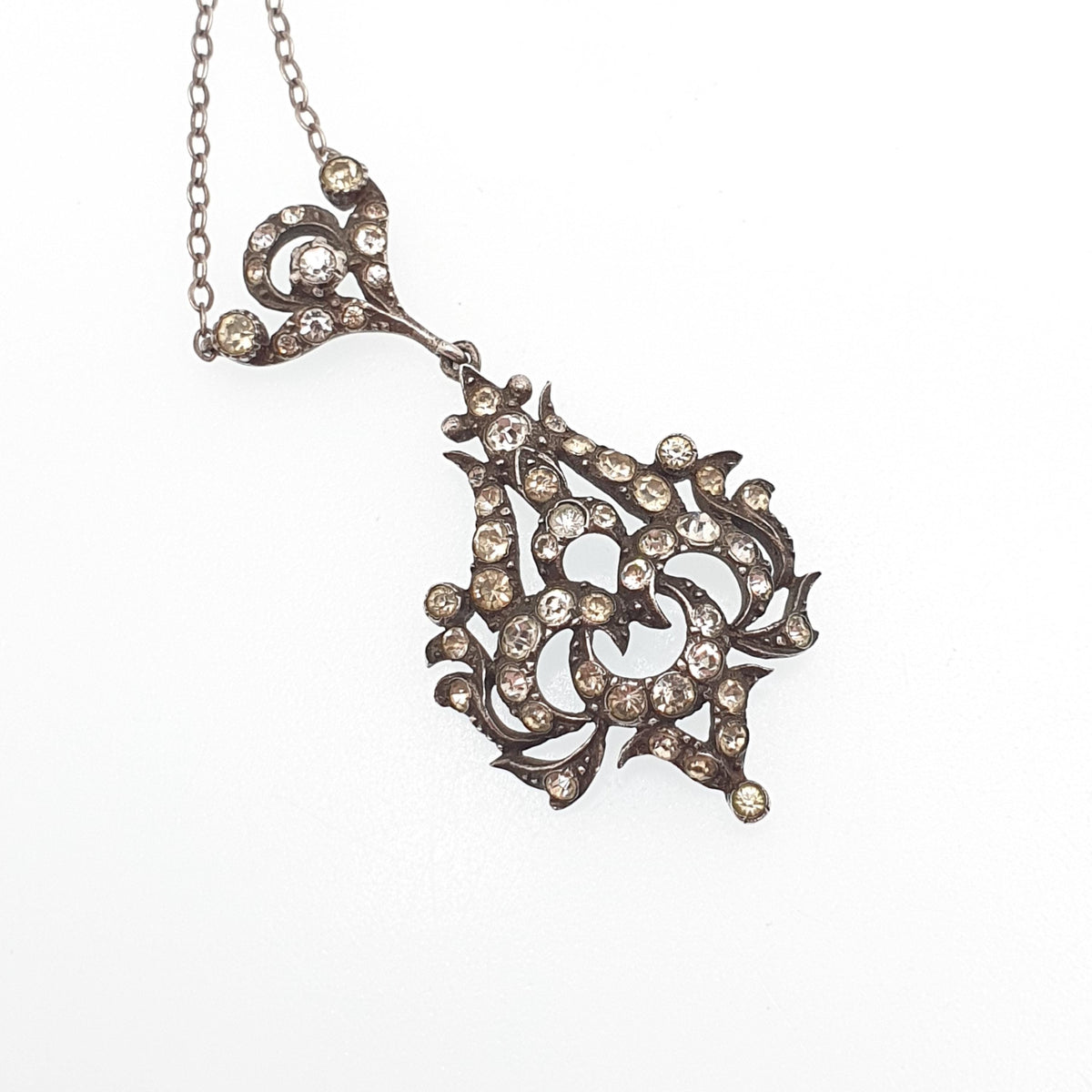 Antique Victorian Solid Silver Diamond Paste Y Necklace Art Nouveau Pendant Scroll Sparkly Vintage Jewellery Womens Jewelry