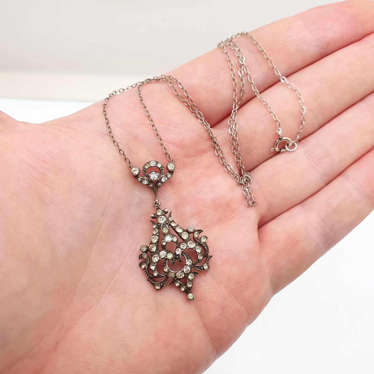 Antique Victorian Solid Silver Diamond Paste Y Necklace Art Nouveau Pendant Scroll Sparkly Vintage Jewellery Womens Jewelry