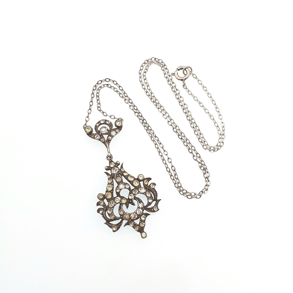 Antique Victorian Solid Silver Diamond Paste Y Necklace Art Nouveau Pendant Scroll Sparkly Vintage Jewellery Womens Jewelry