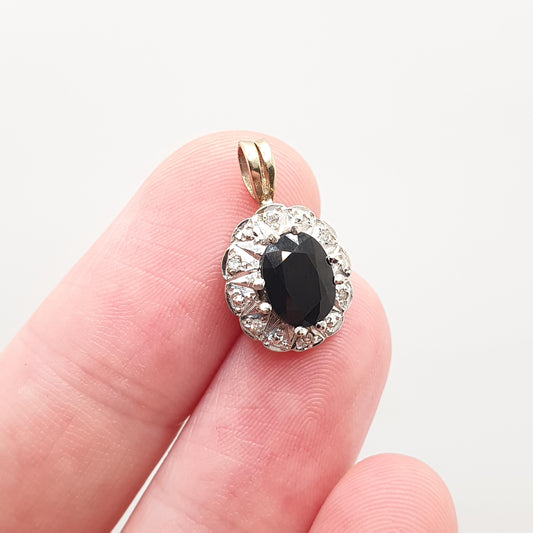 Vintage 9k 9ct Gold Sapphire & Diamond Necklace Cluster Pendant Halo Solid 375 Yellow Womens Jewelry Jewellery