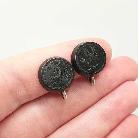 Antique Whitby Jet Earrings Solid Silver Victorian Clip On Engraved Birds Animal Genuine Black Real Vintage Womens Jewelry Jewellery