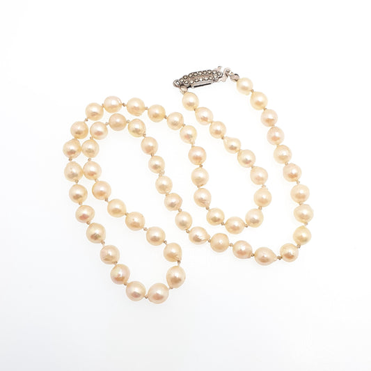 Antique Art Deco Cultured Pearl Necklace Solid Silver Marcasite 47cm 18.5" 21.14g Cream Real Genuine Pearls Vintage 1920s Jewelry Jewellery