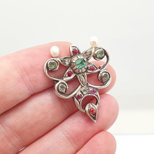Antique Solid Silver Emerald, Diamond & Ruby Brooch Austro Hungarian Victorian Freshwater Pearl Genuine Gemstones Vintage Jewelry Jewellery