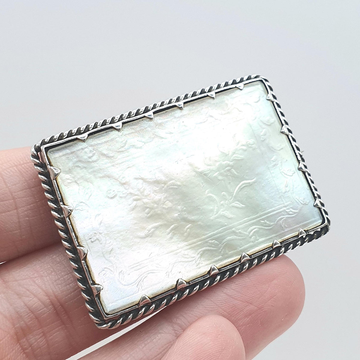 Antique Victorian Solid Silver Carved Mother of Pearl Brooch White Shell Cameo Floral Pattern Womens Jewelry Vintage Jewellery