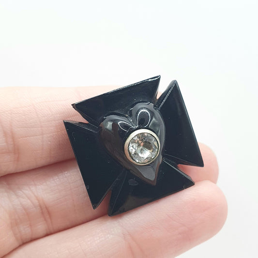 Antique Victorian Whitby Jet Heart Maltese Cross Brooch Diamond Paste Centre Black Gemstone Vintage Womens Jewelry Jewellery