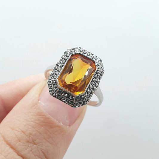 Old Vintage Solid Silver Orange Sapphire Ring Marcasite Border Art Deco Style Vintage 1920s Womens Jewellery Jewelry UK O.5 US 7.5