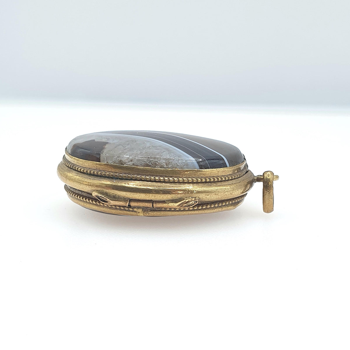 Antique Victorian Agate Locket Large Oval Genuine Gemstone Banded Striped Gold Tone Base Metal Vintage Womens Jewelry Jewellery