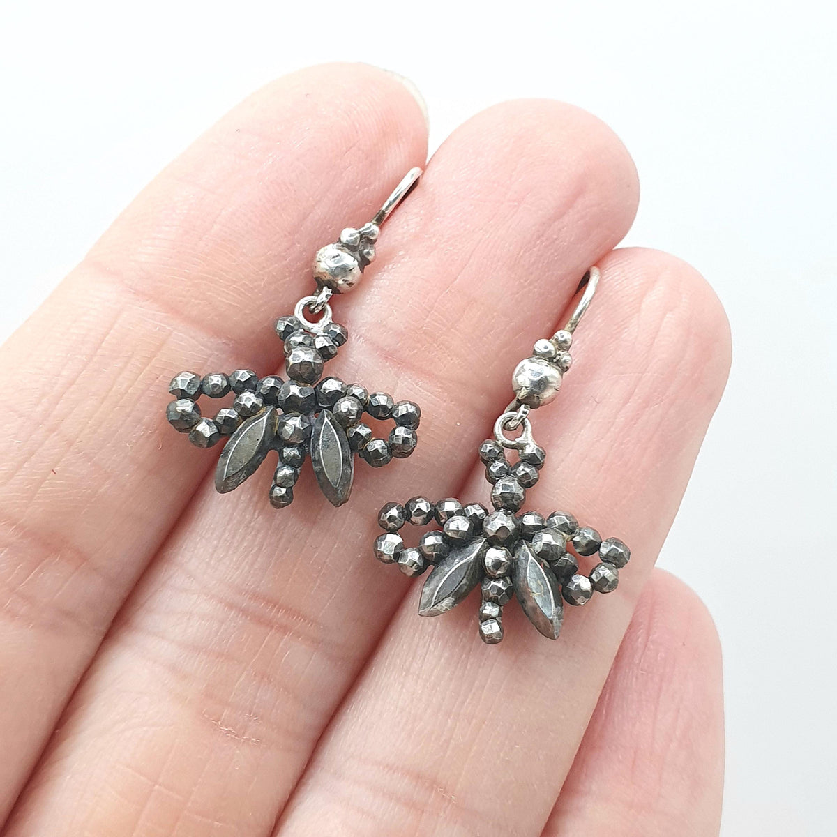 Antique Georgian Steel Cut Butterfly Insect Earrings Hanging Bug Solid Silver Hooks Dangle Womens Jewelry Vintage Jewellery