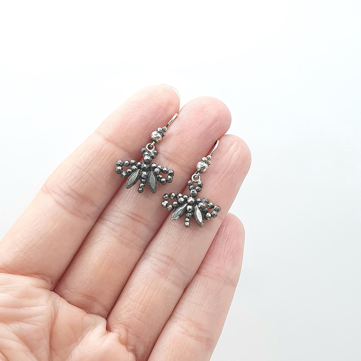 Antique Georgian Steel Cut Butterfly Insect Earrings Hanging Bug Solid Silver Hooks Dangle Womens Jewelry Vintage Jewellery