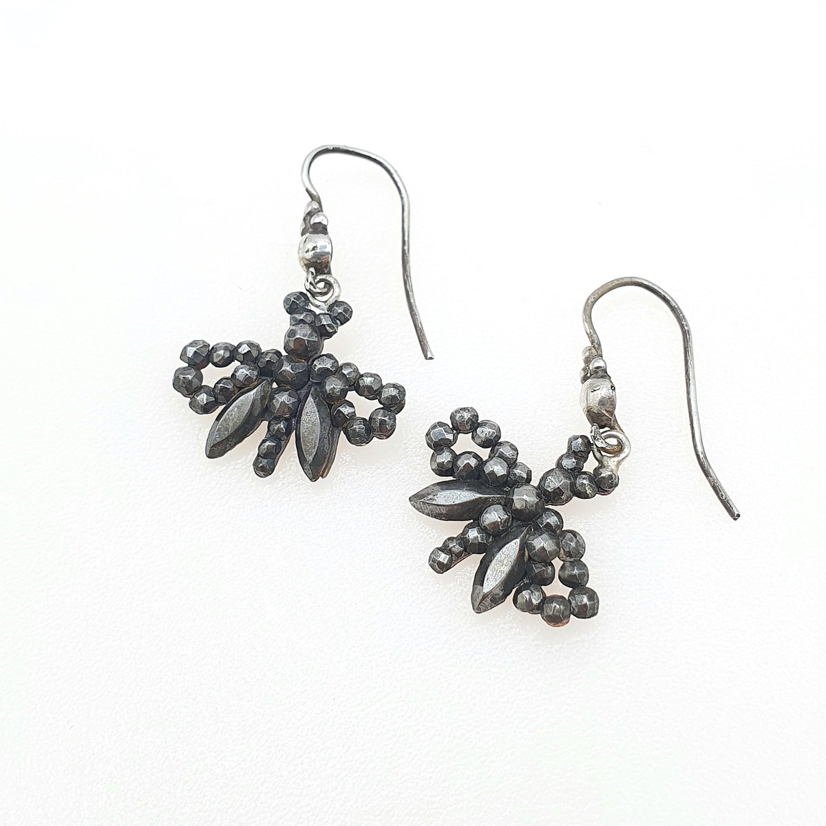 Antique Georgian Steel Cut Butterfly Insect Earrings Hanging Bug Solid Silver Hooks Dangle Womens Jewelry Vintage Jewellery