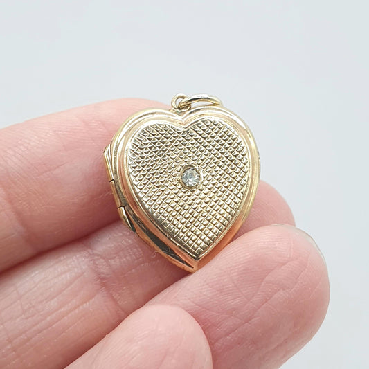 Old Vintage 9ct Gold Heart Locket Diamond Paste 9k 9kt Back & Front Chequered Pattern Vintage Jewelry Jewellery