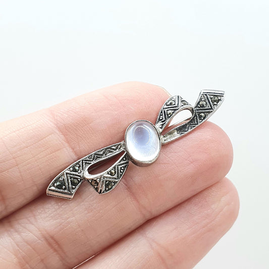 Antique Solid Silver Moonstone Brooch Box Marcasite Bow Shape Art Deco Iridescent 1920s Vintage Womens Jewelry Jewellery