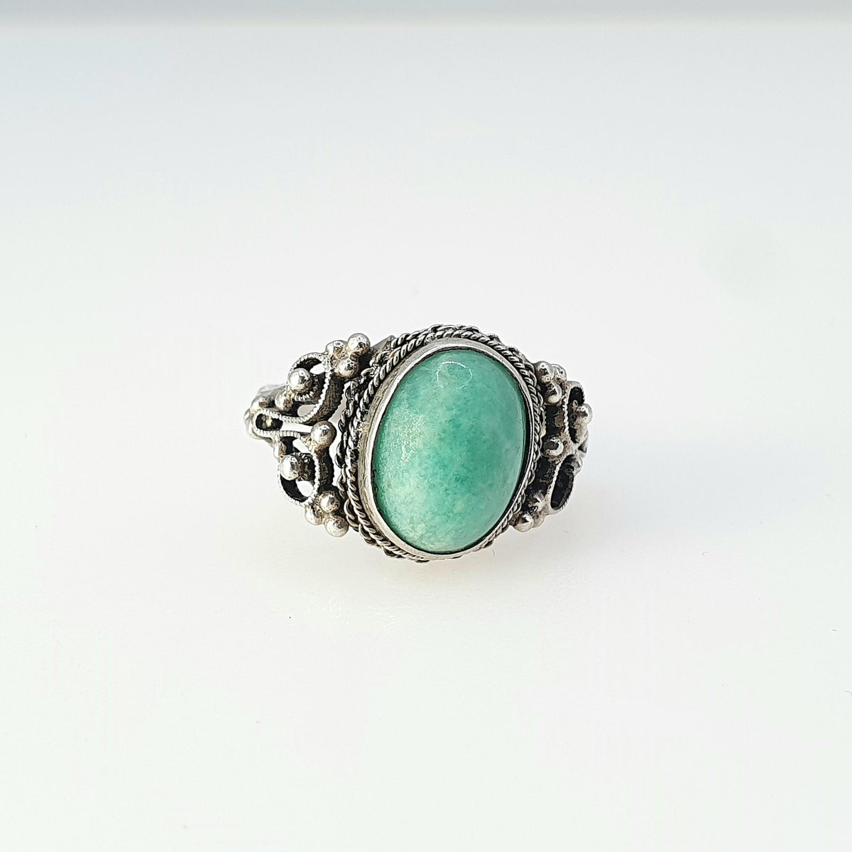 Old Vintage Solid Silver Chinese Jade Ring Genuine Jade Chinese Filigree China Green Womens Ladies Jewelry Jewellery UK L US 5.75