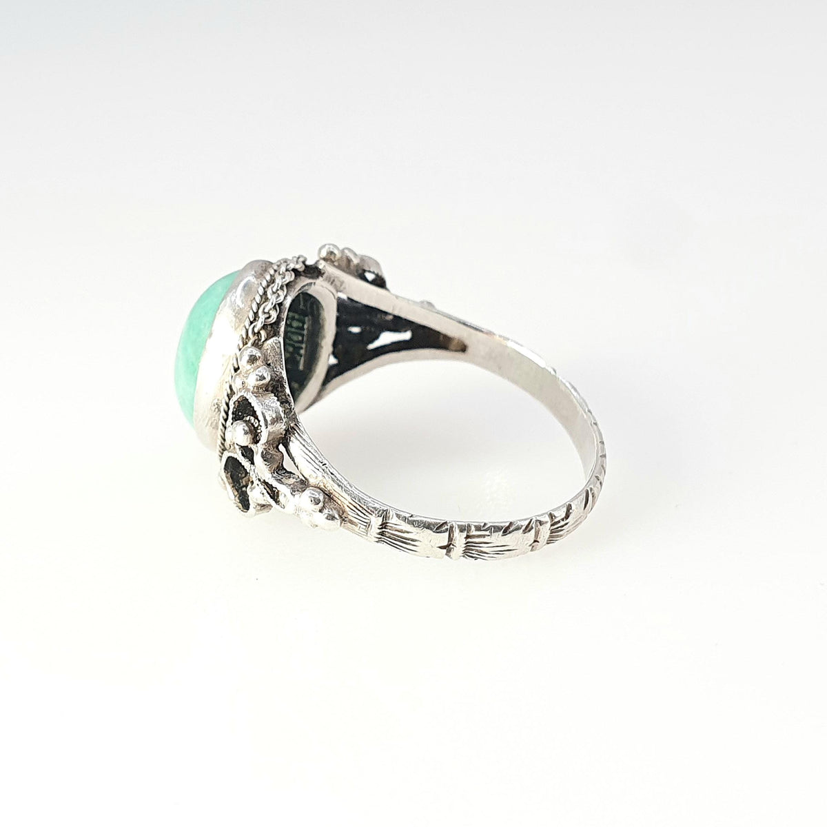 Old Vintage Solid Silver Chinese Jade Ring Genuine Jade Chinese Filigree China Green Womens Ladies Jewelry Jewellery UK L US 5.75