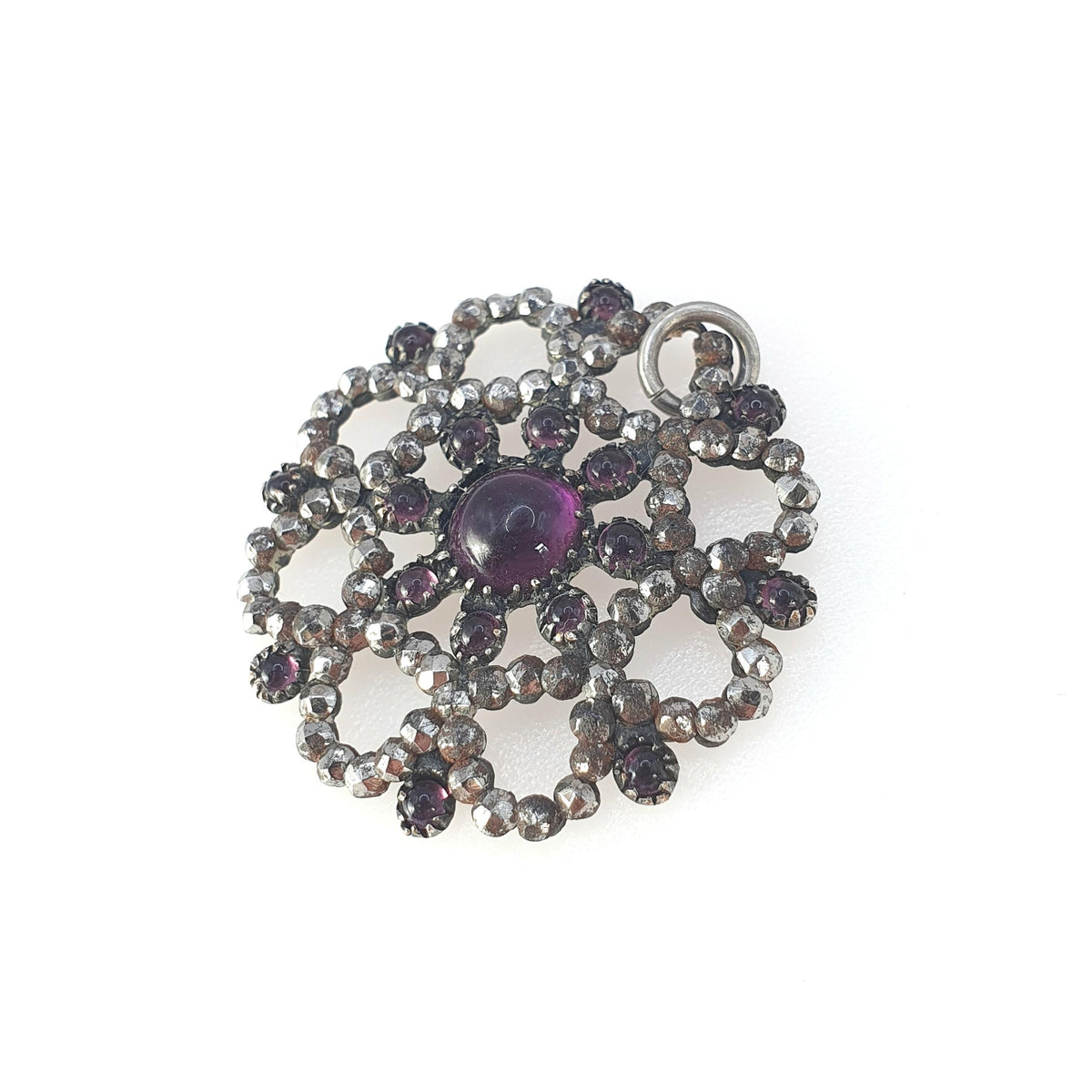 Antique Georgian Amethyst Paste Steel Cut Pendant Necklace Snowflake Shape Early 1800s Vintage Womens Jewelry Jewellery