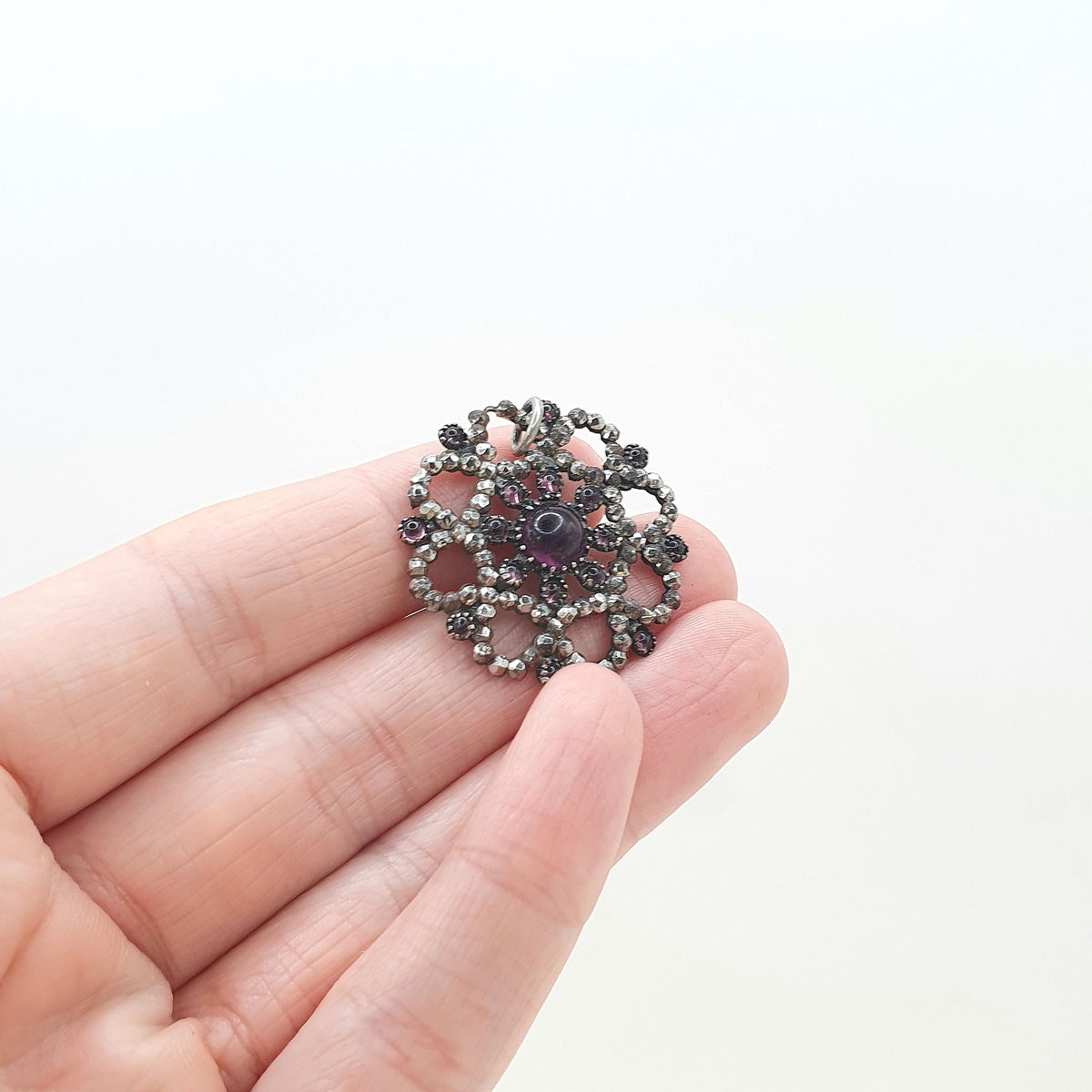 Antique Georgian Amethyst Paste Steel Cut Pendant Necklace Snowflake Shape Early 1800s Vintage Womens Jewelry Jewellery