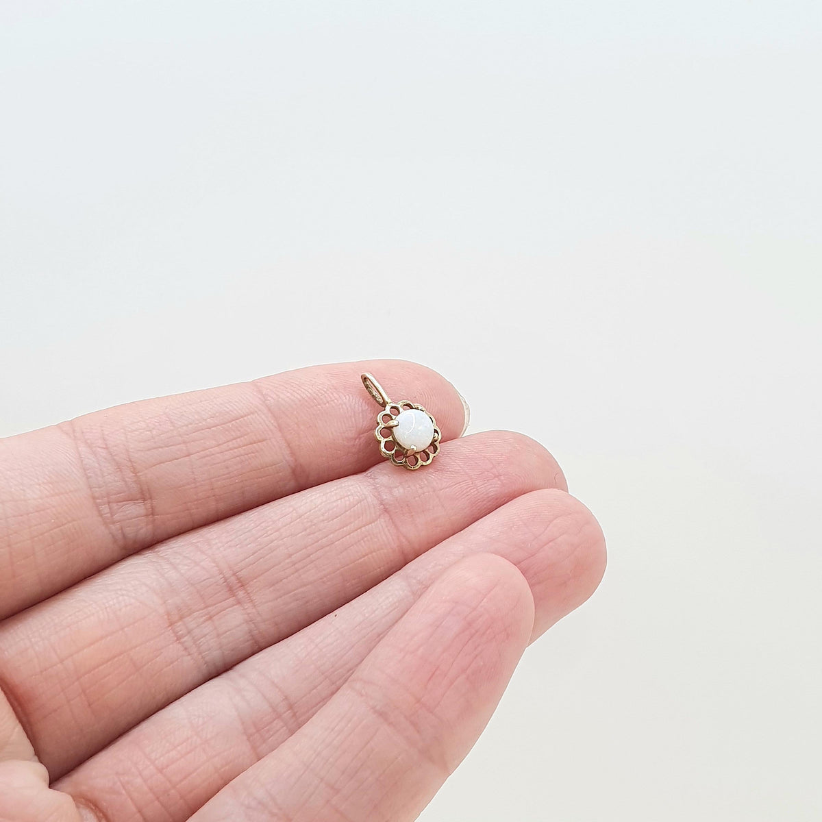 Vintage 9ct Gold Opal Pendant Necklace Small Solitaire Solid 9k 9kt Flower Style White Gemstone Womens Jewelry Jewellery