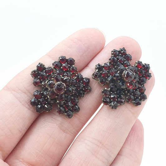 Antique Victorian Bohemian Garnet Earrings Large Flower Cluster Solid Silver Screw Backs Womens Vintage Pyrope Jewelry Jewellery
