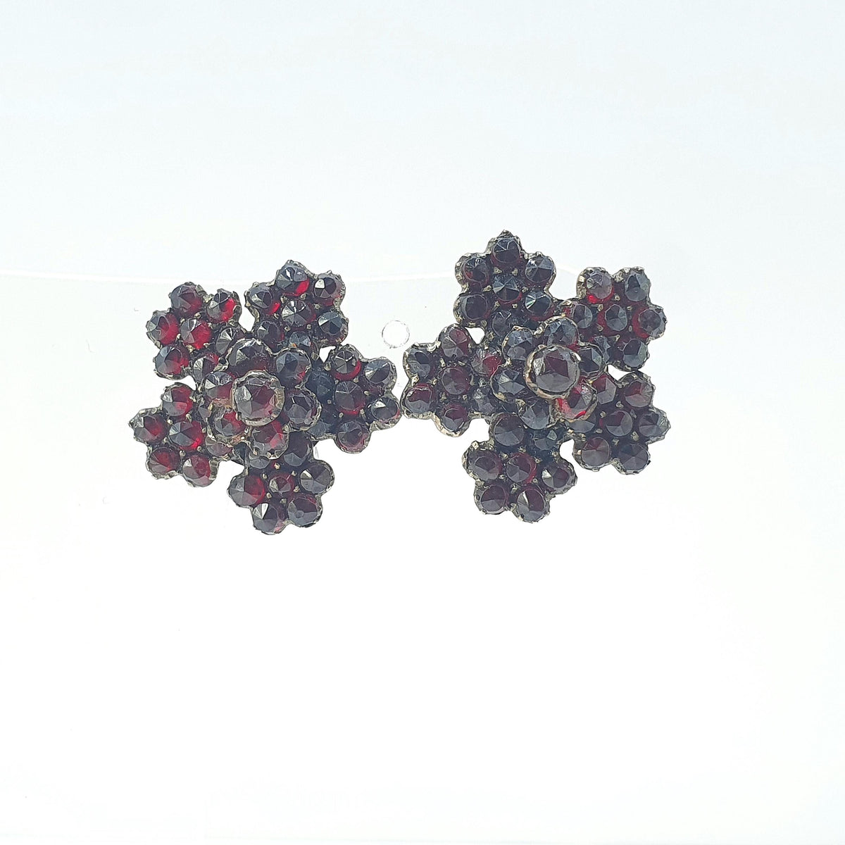 Antique Victorian Bohemian Garnet Earrings Large Flower Cluster Solid Silver Screw Backs Womens Vintage Pyrope Jewelry Jewellery