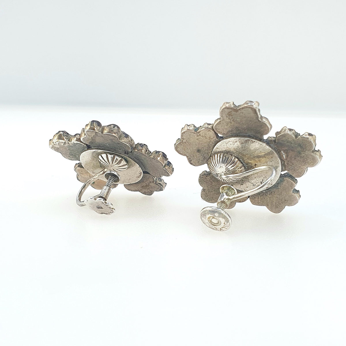 Antique Victorian Bohemian Garnet Earrings Large Flower Cluster Solid Silver Screw Backs Womens Vintage Pyrope Jewelry Jewellery