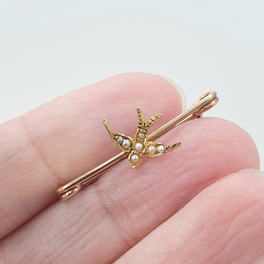 Antique Victorian 9ct Gold Seed Pearl Bird Brooch Swift Swallow Solid 9k 9kt Safety Pin Womens Vintage Jewelry Jewellery