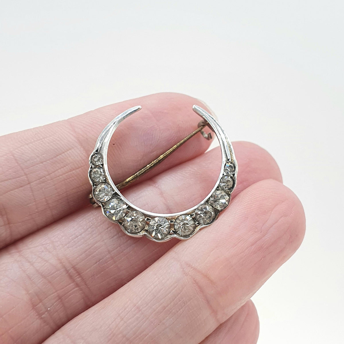Antique Victorian Solid Silver Diamond Paste Crescent Moon Brooch Pin Celestial Vintage Womens Jewelry Jewellery