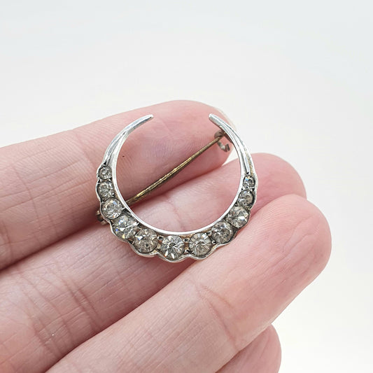 Antique Victorian Solid Silver Diamond Paste Crescent Moon Brooch Pin Celestial Vintage Womens Jewelry Jewellery