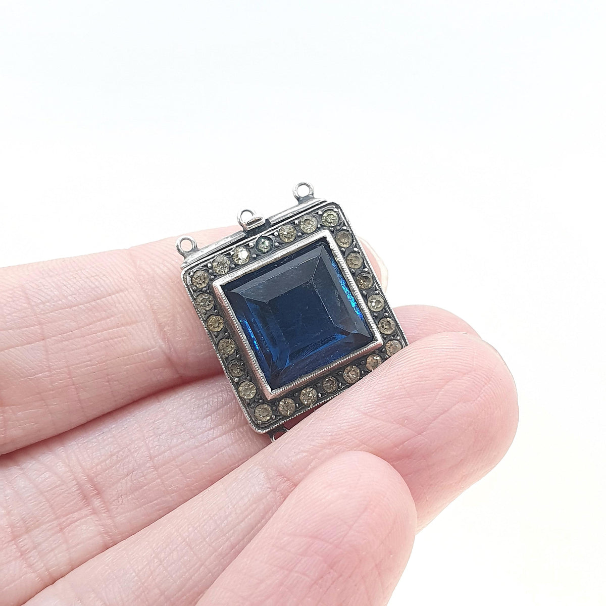 Antique Art Deco Solid Silver Sapphire & Diamond Paste Clasp Triple Three Strand Square Vintage Jewelry Jewellery Womens