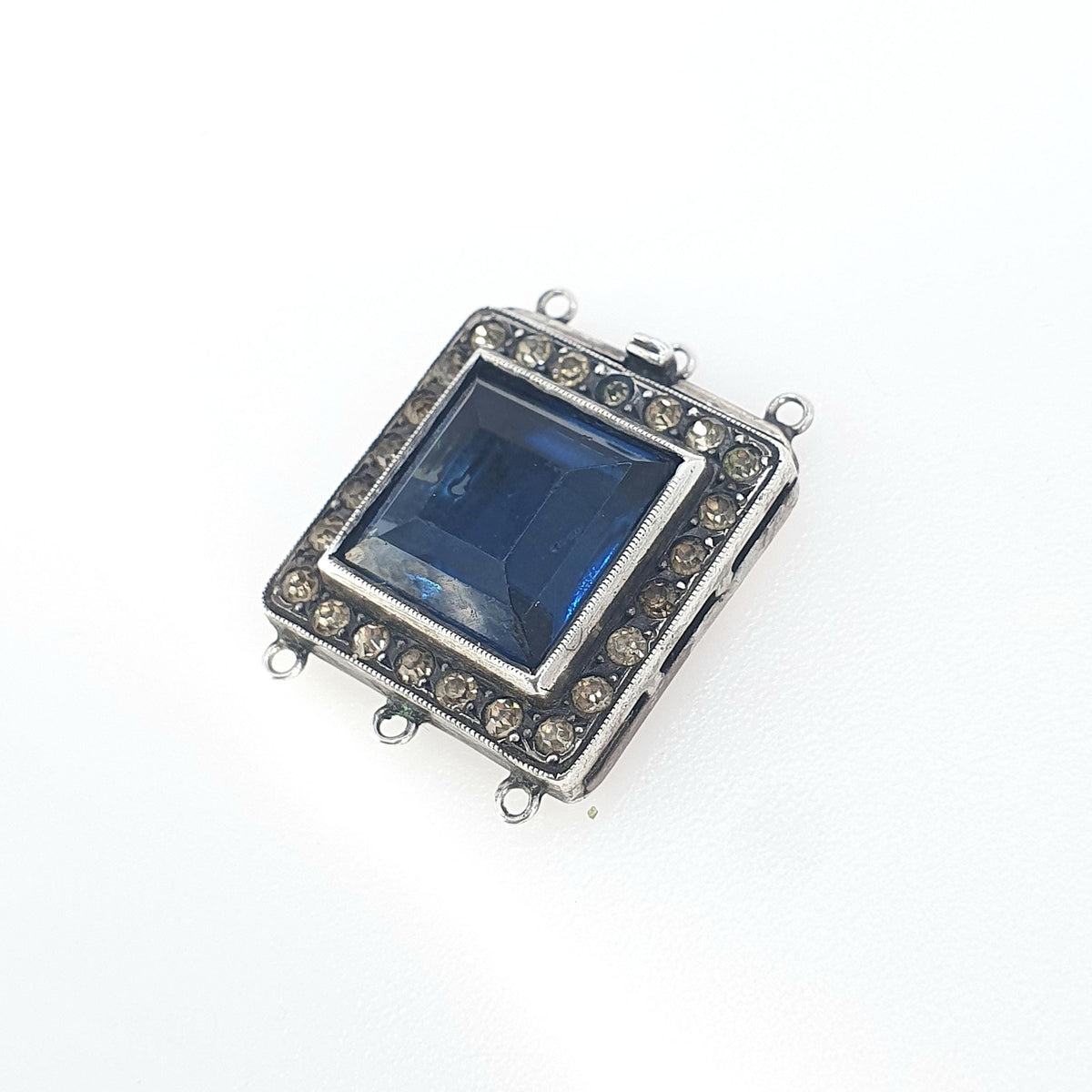 Antique Art Deco Solid Silver Sapphire & Diamond Paste Clasp Triple Three Strand Square Vintage Jewelry Jewellery Womens
