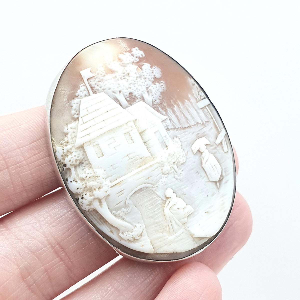 Antique Victorian Solid Silver Lady and River Cameo Brooch Scenic Building Mill Hand Carved Shell Vintage Womens Jewellery Jewelry