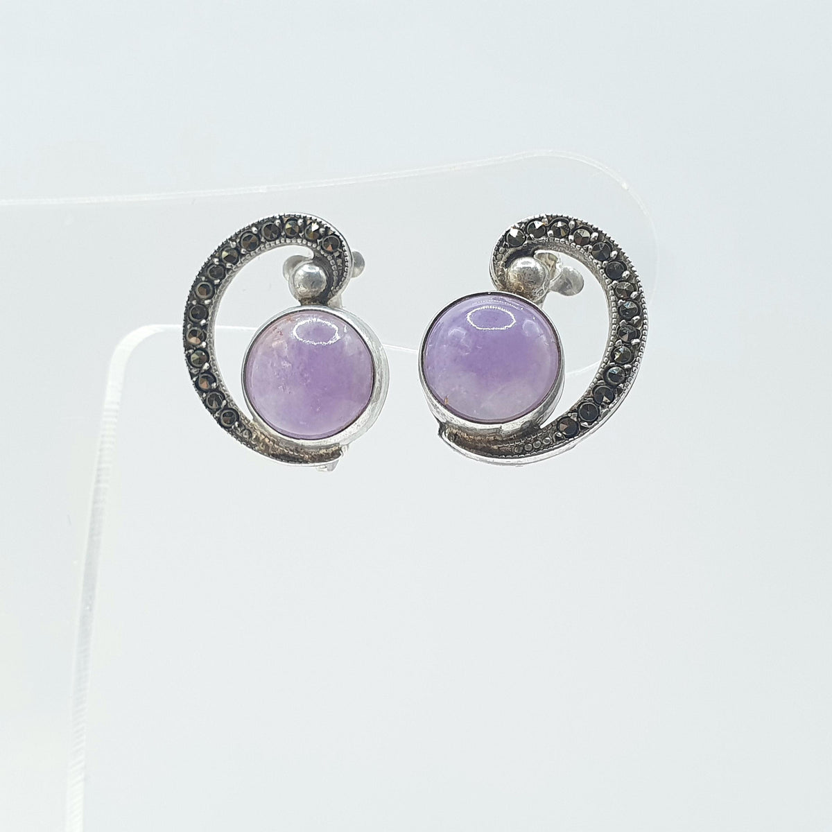 Antique Art Deco Solid Silver Amethyst & Marcasite Earrings Swirl Genuine Quartz Purple Gemstone Clip On Womens Jewelry Jewellery