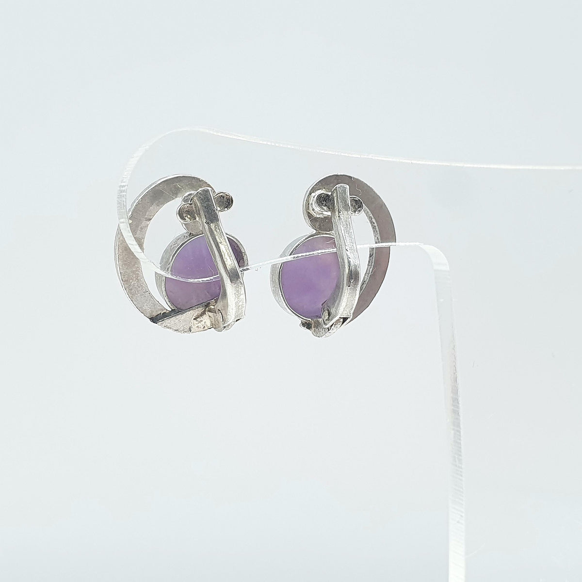 Antique Art Deco Solid Silver Amethyst & Marcasite Earrings Swirl Genuine Quartz Purple Gemstone Clip On Womens Jewelry Jewellery