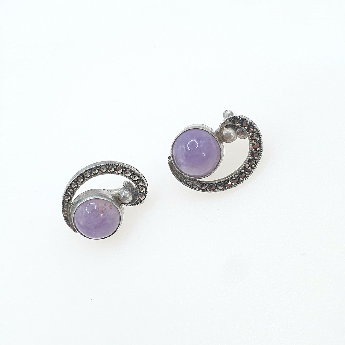 Antique Art Deco Solid Silver Amethyst & Marcasite Earrings Swirl Genuine Quartz Purple Gemstone Clip On Womens Jewelry Jewellery