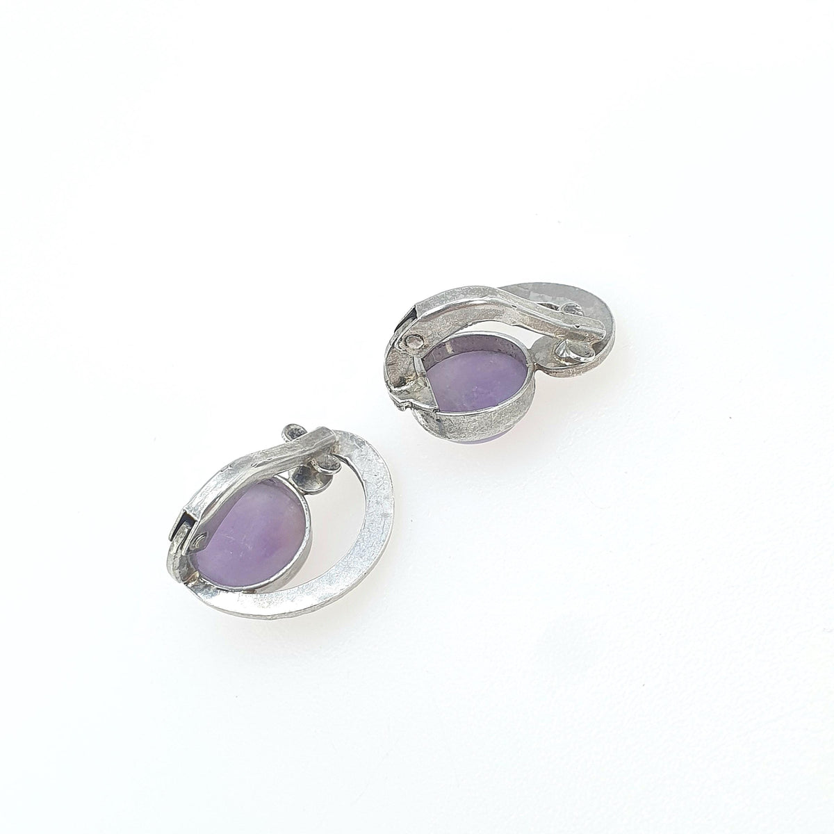 Antique Art Deco Solid Silver Amethyst & Marcasite Earrings Swirl Genuine Quartz Purple Gemstone Clip On Womens Jewelry Jewellery