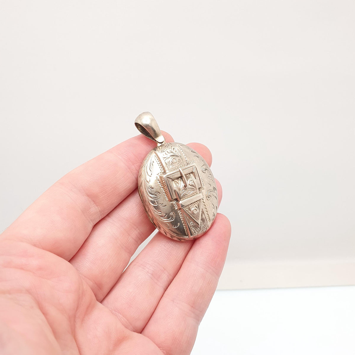 Antique Victorian Buckle Locket Silver Plate Large Big Hand Engraved Necklace Pendant Gift Picture Photo Oval Vintage Jewellery