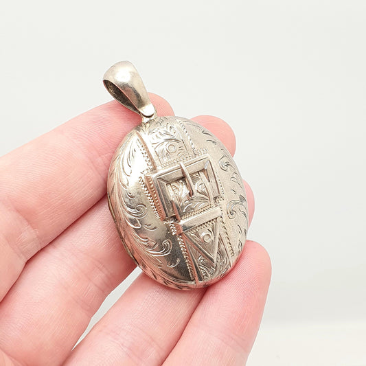 Antique Victorian Buckle Locket Silver Plate Large Big Hand Engraved Necklace Pendant Gift Picture Photo Oval Vintage Jewellery