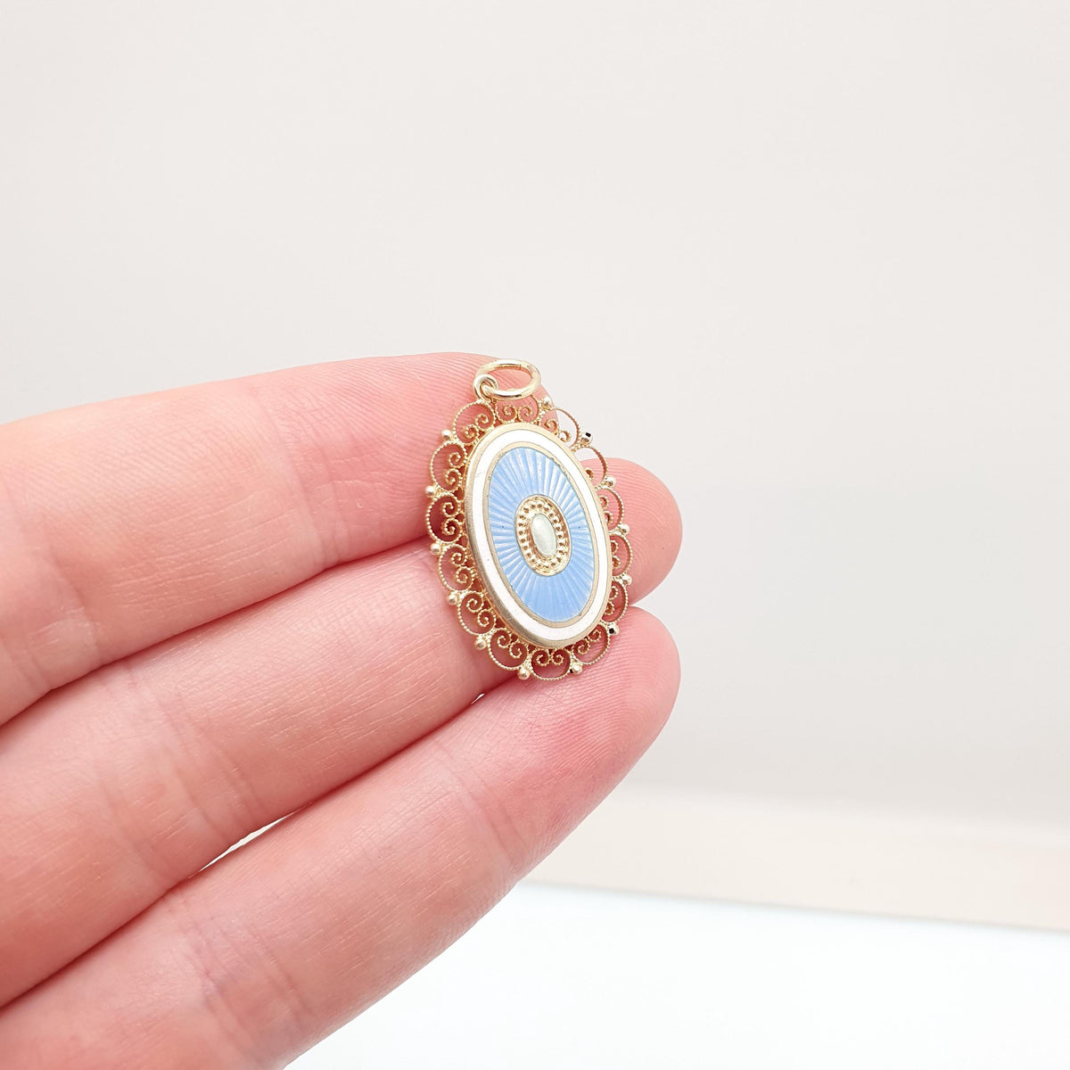Antique Solid Silver MARIUS HAMMER Enamel Necklace Pendant White & Blue Champleve Gold Vermeil Scandinavian Vintage Jewellery Jewelry