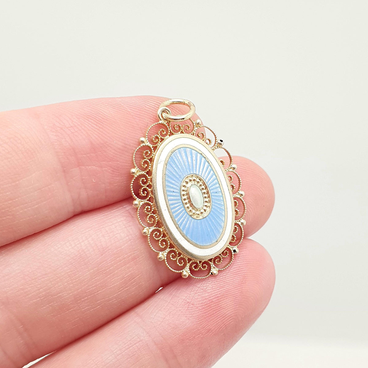 Antique Solid Silver MARIUS HAMMER Enamel Necklace Pendant White & Blue Champleve Gold Vermeil Scandinavian Vintage Jewellery Jewelry