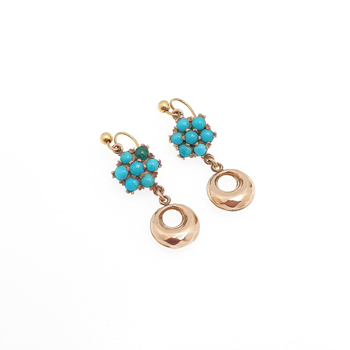 Antique Victorian 9ct Gold Turquoise Earrings Cluster Hook Drop Etruscan Hoop Dangle Solid 9k 9kt 1800s Vintage Jewelry Womens Jewellery