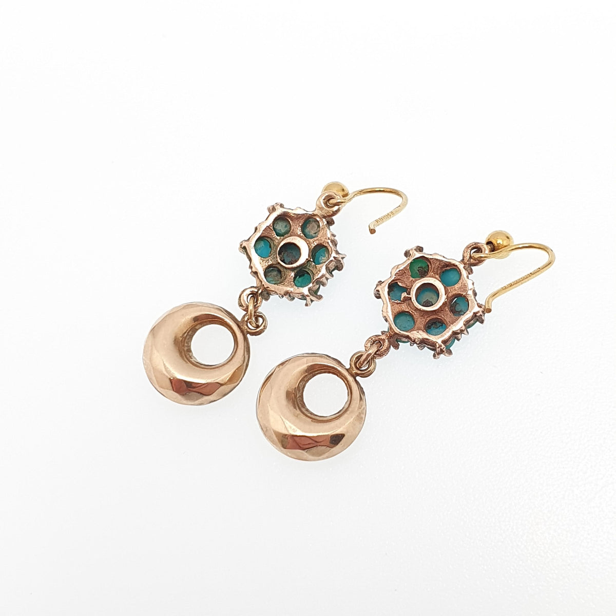 Antique Victorian 9ct Gold Turquoise Earrings Cluster Hook Drop Etruscan Hoop Dangle Solid 9k 9kt 1800s Vintage Jewelry Womens Jewellery