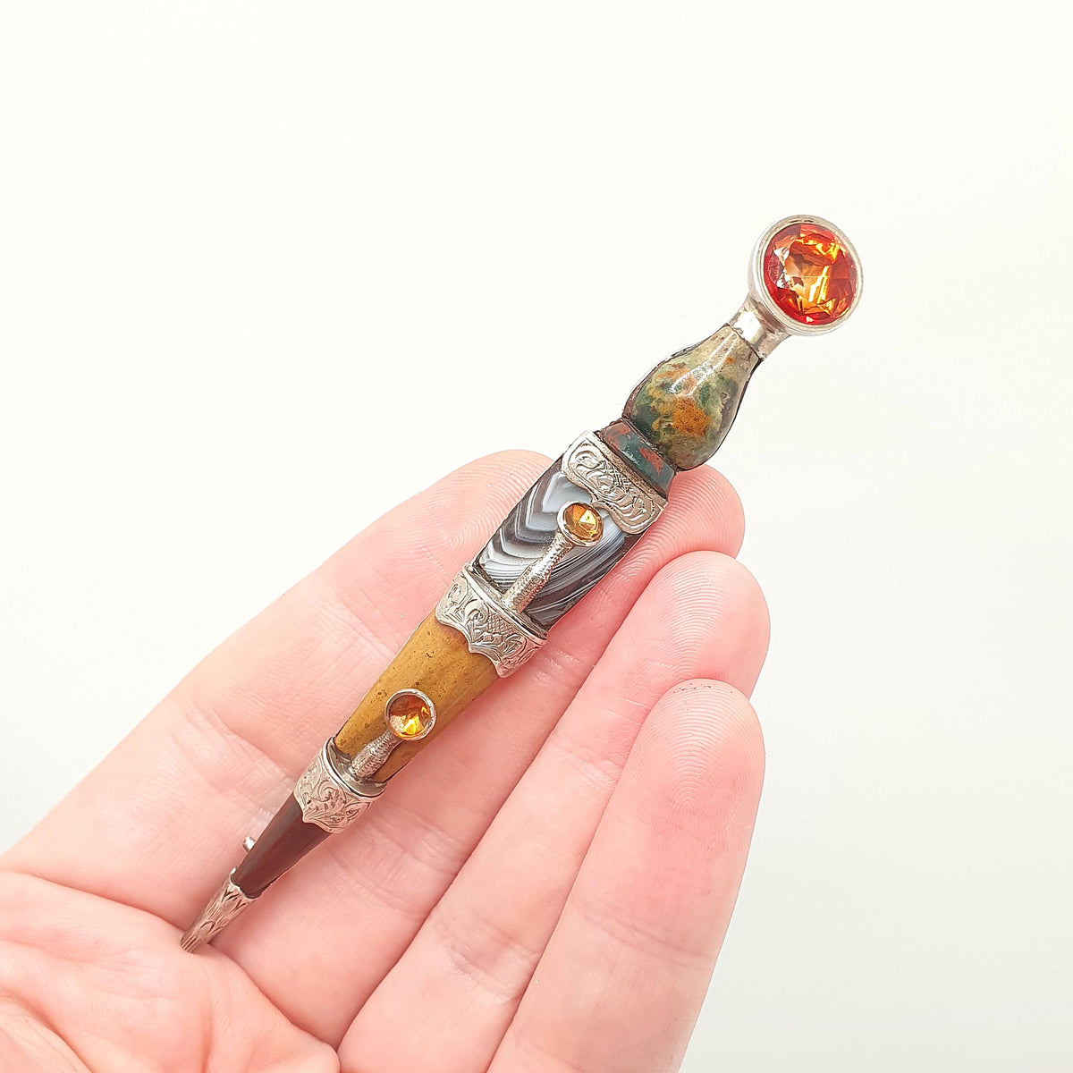 Antique Victorian Sterling Silver Dirk Brooch Citrine Very Large Big Pin Jasper Lace Agate Cairngorm Vintage Jewelry Jewellery